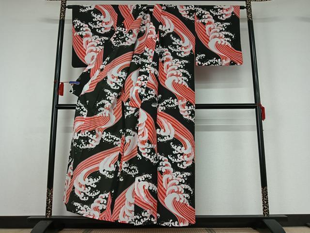 平和屋着物▽小紋　単衣　立波文　黒地　洗える着物　AABH2288jh_2