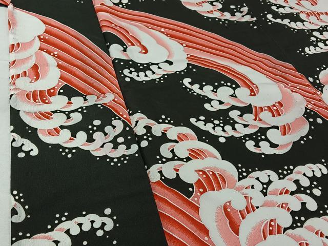 平和屋着物▽小紋　単衣　立波文　黒地　洗える着物　AABH2288jh_3
