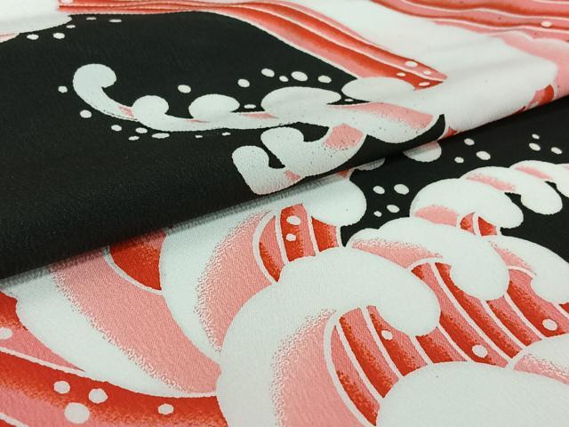 平和屋着物▽小紋　単衣　立波文　黒地　洗える着物　AABH2288jh_4