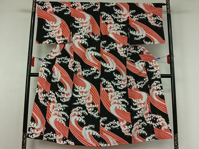 平和屋着物▽小紋　単衣　立波文　黒地　洗える着物　AABH2289jh_1