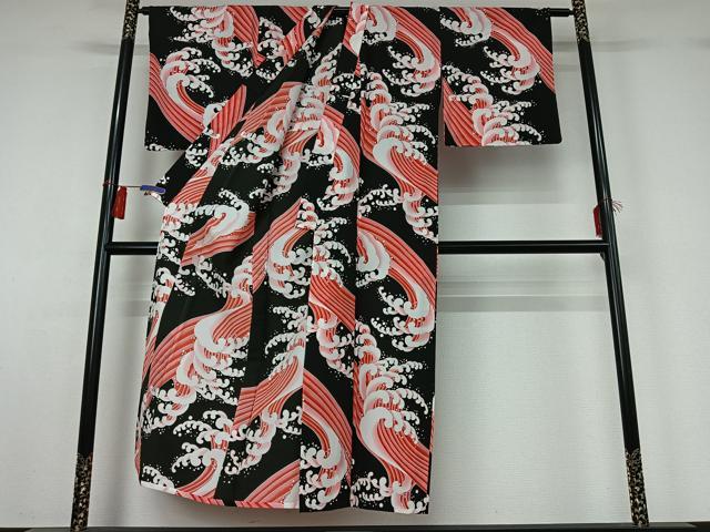 平和屋着物▽小紋　単衣　立波文　黒地　洗える着物　AABH2289jh_2