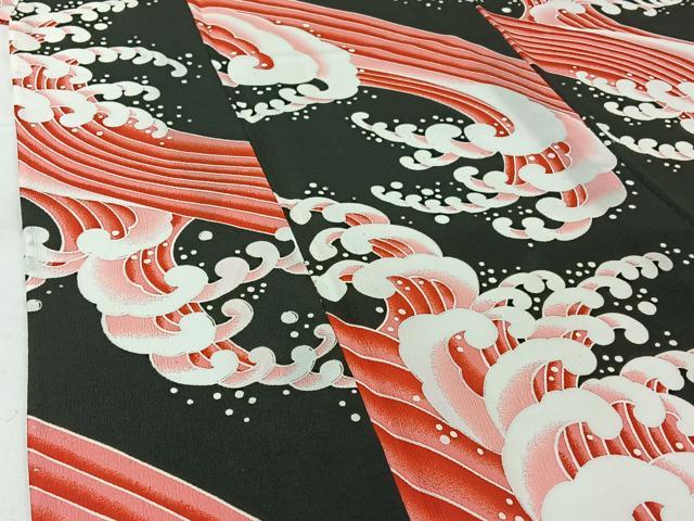 平和屋着物▽小紋　単衣　立波文　黒地　洗える着物　AABH2289jh_3