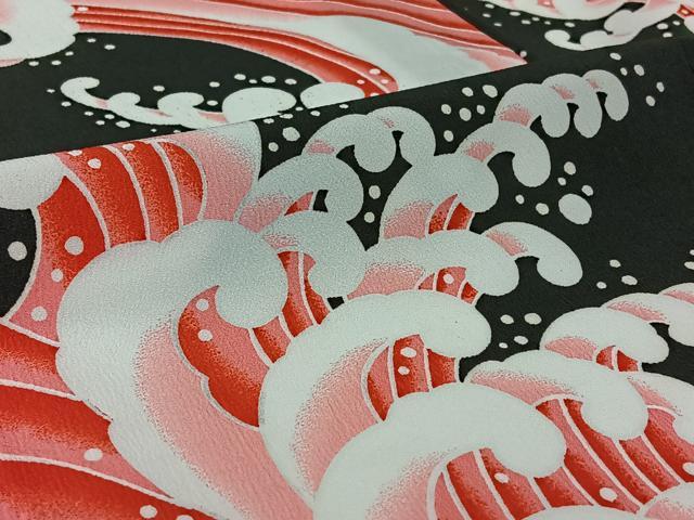 平和屋着物▽小紋　単衣　立波文　黒地　洗える着物　AABH2289jh_5