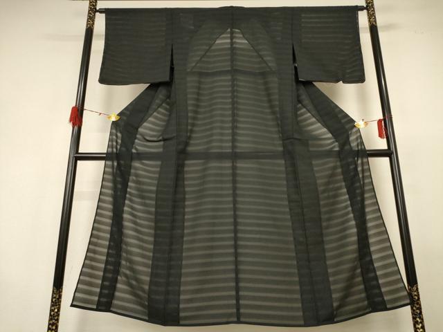 平和屋着物＊夏物　色無地　横段紋紗　黒色　正絹　逸品　AABH2454jd