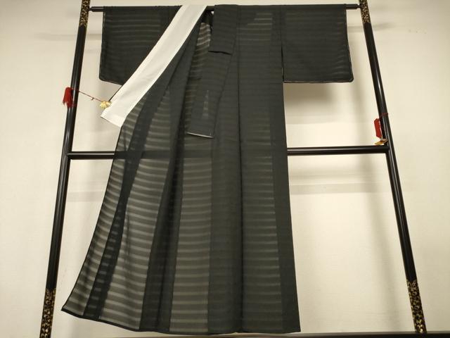 平和屋着物＊夏物　色無地　横段紋紗　黒色　正絹　逸品　AABH2454jd_1