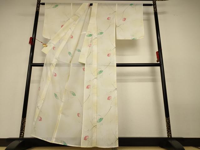 平和屋着物＊夏物　小紋　絽　扇子花文　暈し染め　洗える着物　AABH2498jd_2