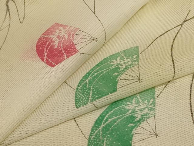 平和屋着物＊夏物　小紋　絽　扇子花文　暈し染め　洗える着物　AABH2498jd