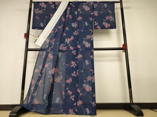 平和屋着物＊夏物　小紋　紗　更紗花文　AABH2528jd_2