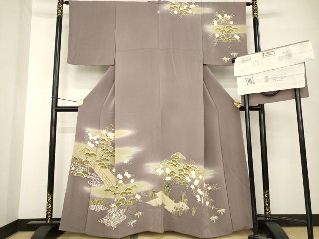 平和屋着物●訪問着　友禅　駒刺繍　渡り橋桜松文　金彩　浜ちりめん　反端付き　正絹　逸品　AABH2602ck 平和屋着物○訪問着 友禅 駒刺繍 渡り橋桜松文 金彩 浜ちりめん 反端