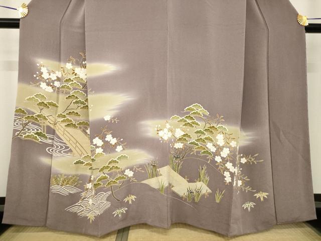 平和屋着物●訪問着　友禅　駒刺繍　渡り橋桜松文　金彩　浜ちりめん　反端付き　正絹　逸品　AABH2602ck 平和屋着物○訪問着 友禅 駒刺繍 渡り橋桜松文 金彩 浜ちりめん 反端