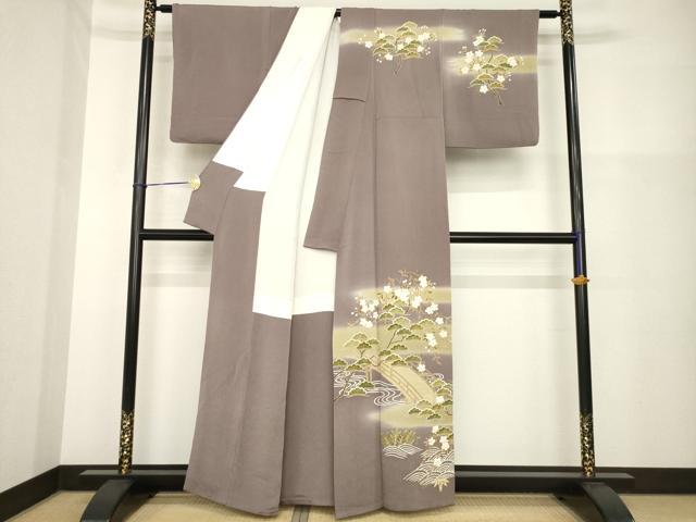 平和屋着物●訪問着　友禅　駒刺繍　渡り橋桜松文　金彩　浜ちりめん　反端付き　正絹　逸品　AABH2602ck 平和屋着物○訪問着 友禅 駒刺繍 渡り橋桜松文 金彩 浜ちりめん 反端
