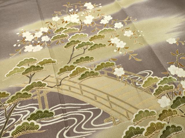 平和屋着物○訪問着 友禅 駒刺繍 渡り橋桜松文 金彩 浜ちりめん 反端