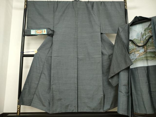 平和屋着物●男性　本場大島紬　アンサンブル　格子　証紙付き　正絹　逸品　AABH2629ck