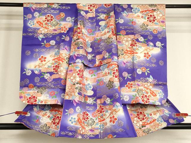 平和屋着物[]七五三　女の子　３歳　祝着　三つ身　扇面花蝶文　暈し染め　金彩　正絹　逸品　AABH2855ja