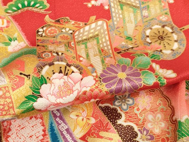 平和屋着物[]七五三　女の子　７歳　祝着　四つ身　長襦袢（単衣）セット　御所車花文　暈し染め　金彩　AABH2916ja_4