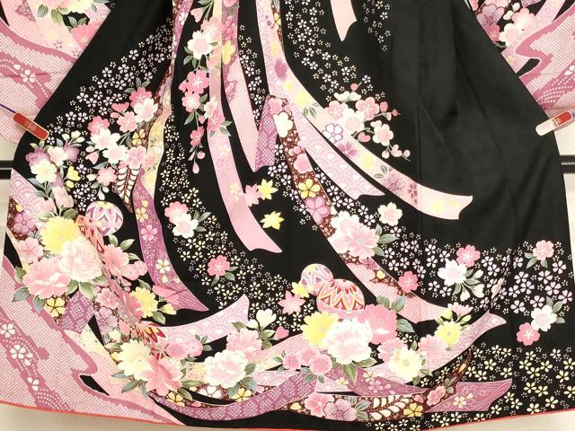 平和屋着物[]七五三　女の子　７歳　祝着　四つ身　束ね熨斗花手毬文　黒地　金彩　AABH2994ja_2