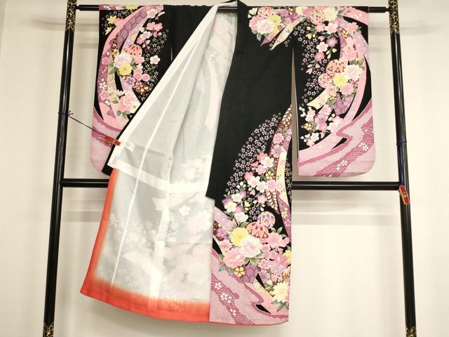 平和屋着物[]七五三　女の子　７歳　祝着　四つ身　束ね熨斗花手毬文　黒地　金彩　AABH2994ja_1