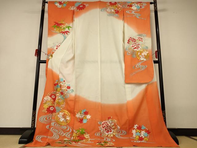 平和屋着物＊夏物　振袖　絽　刺繍　流水草花文　洗える着物　AABH3225jd