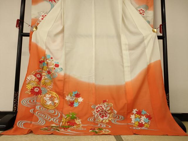 平和屋着物＊夏物　振袖　絽　刺繍　流水草花文　洗える着物　AABH3225jd_2