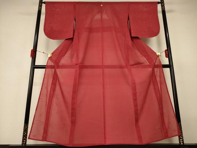 平和屋着物＊夏物　色無地　絽　流水花文紗　紅海老茶色　正絹　逸品　AABH3273jd