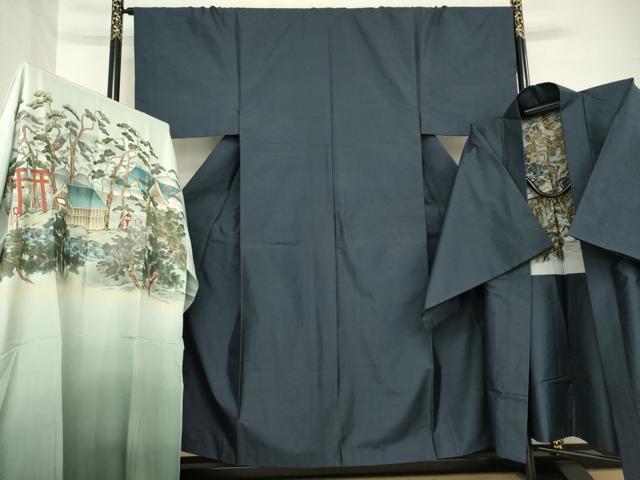 平和屋着物●男性　本場大島紬　アンサンブル　長襦袢(袷)セット　亀甲絣　正絹　逸品　AABH3296ck