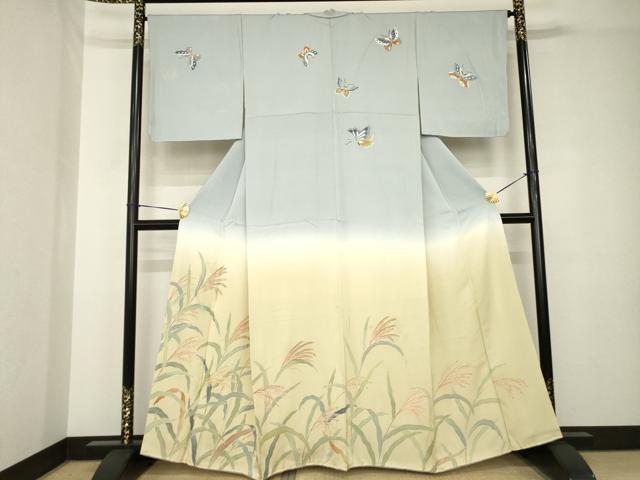 平和屋着物●訪問着　友禅　刺繍　舞蝶文　暈し染め　正絹　逸品　AABH3305ck