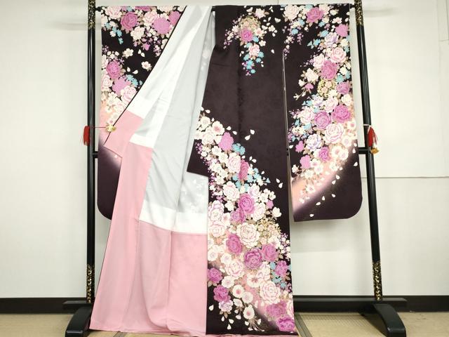 平和屋着物●豪華振袖　刺繍　ラインストーン　枝花文　暈し染め　金糸　金彩　正絹　逸品　AABH3632cs 平和屋着物○豪華振袖 刺繍 ラインストーン 枝花文 暈し染め 金糸 金彩