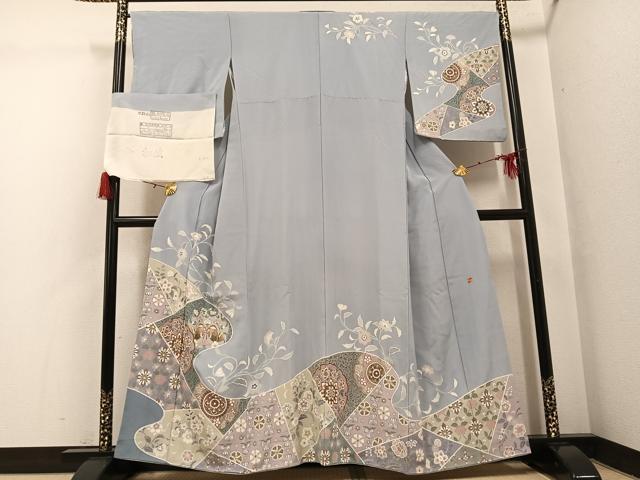 平和屋着物●訪問着　友禅　作家物　駒刺繍　更紗鴛鴦花文　金彩　浜ちりめん　反端付き　正絹　逸品　AABH3804ph