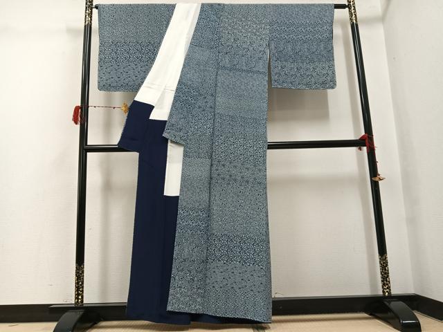 平和屋着物●本藍　小紋　草花文　正絹　逸品　AABH3828ph_2