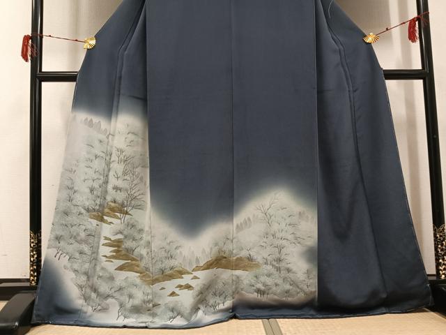 平和屋着物●訪問着　手描き　樹林文　暈し染め　鬼しぼ縮緬　正絹　逸品　未使用　AABH3835ph_2