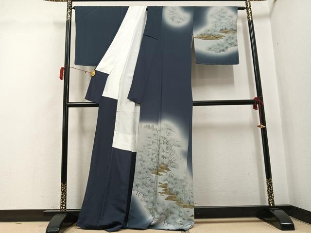 平和屋着物●訪問着　手描き　樹林文　暈し染め　鬼しぼ縮緬　正絹　逸品　未使用　AABH3835ph_1