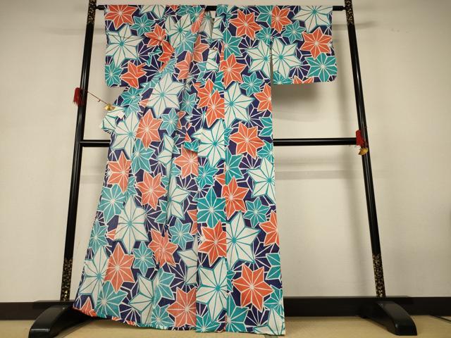平和屋着物＊夏物　小紋　紗　麻の葉文様　AABH3969jd_2