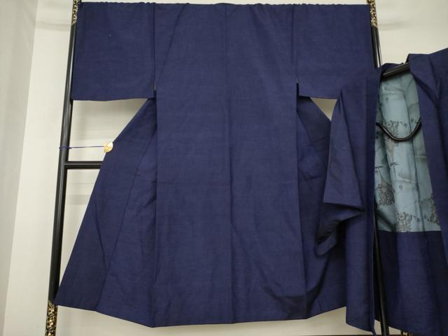 平和屋着物●男性　紬　アンサンブル　色無地　青褐色　正絹　逸品　AABH4269ck
