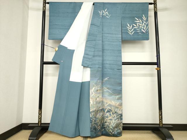 平和屋着物●金彩友禅　卓越技能者・名工・和田光正　訪問着　紬地　遠山草花文　暈し染め　さが美扱い　正絹　逸品　AABH4601ck_1