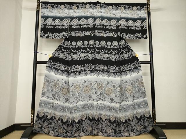 平和屋着物●訪問着　中国三大刺繍　スワトウ刺繍　汕頭刺繍　横段更紗花文　暈し染め　黒地　金糸　正絹　逸品　AABH4603ck 平和屋着物○訪問着 中国三大刺繍 スワトウ刺繍 汕頭刺繍 横段更紗花文