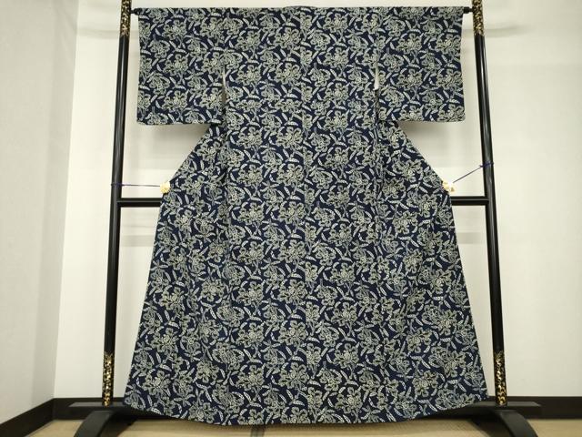 平和屋着物●浦野理一　型染め　小紋　花唐草文　鬼しぼ縮緬　正絹　逸品　AABH4611ck_1