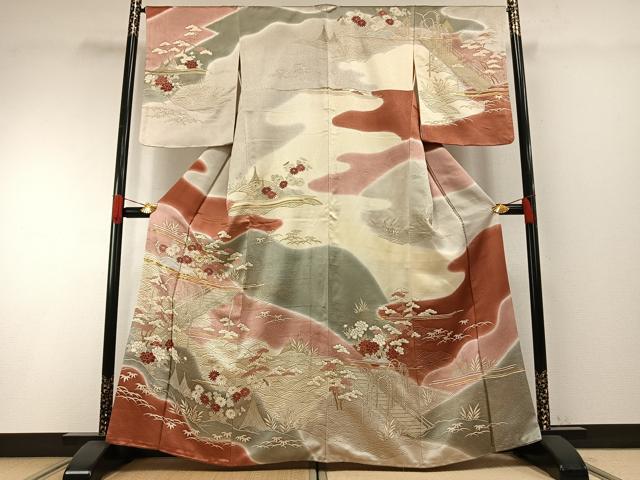 平和屋着物●訪問着　友禅　駒刺繍　草花文　暈し染め　金彩　正絹　逸品　AABH4655fy