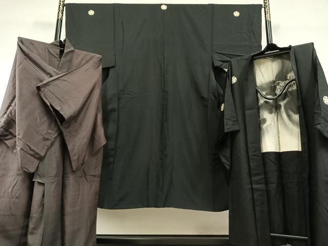 平和屋着物●男性　黒紋付　羽織・長襦袢（袷）セット　正絹　逸品　AABH4657fy