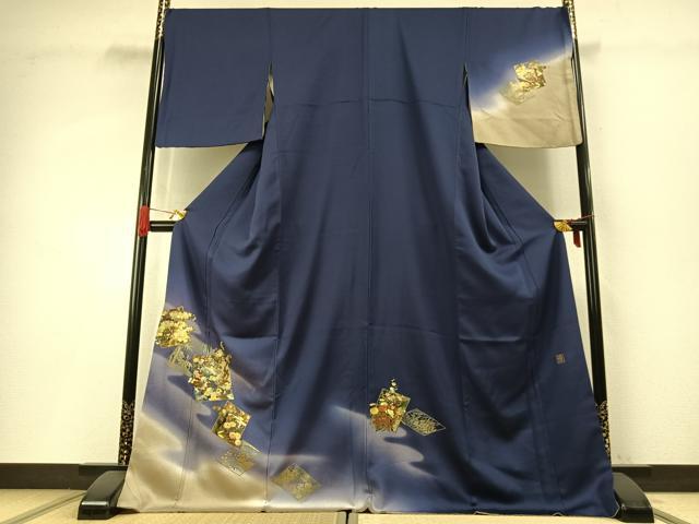 平和屋着物●漆工芸作家　金森一博　訪問着　色紙花文　暈し染め　金彩　さが美扱い　ロング丈　正絹　逸品　AABH4829fy