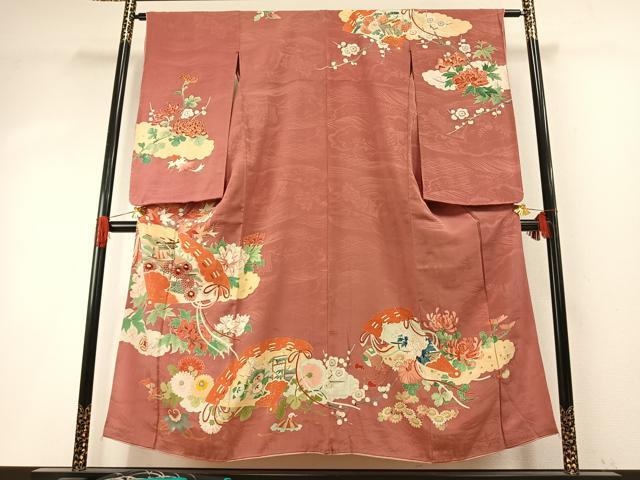 平和屋着物●アンティーク　大正ロマン　訪問着　刺繍　扇面花文　金彩　正絹　逸品　AABH5013fy