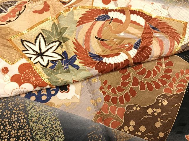 平和屋着物●英王室献上友禅作家　木下勝功　振袖　駒刺繍　地紙花蝶群れ鶴吉祥文　暈し染め　金彩　正絹　逸品　AABH5242ph_4