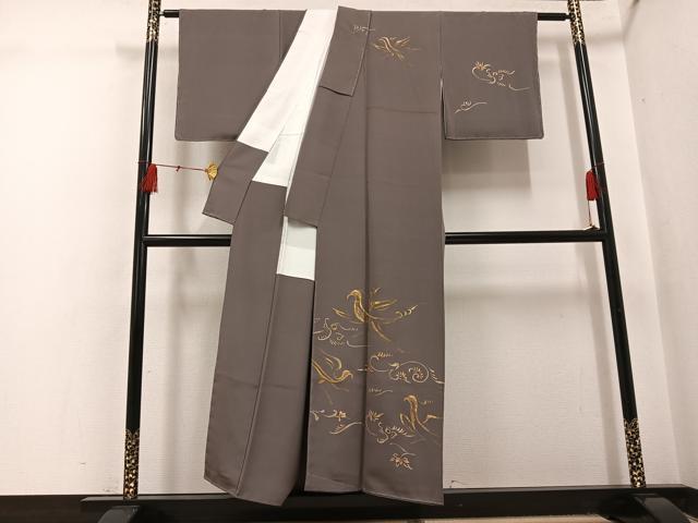 平和屋着物●訪問着　手描き　駒刺繍　飛鳥草花文　金彩　正絹　逸品　未使用　AABH5293ph_1
