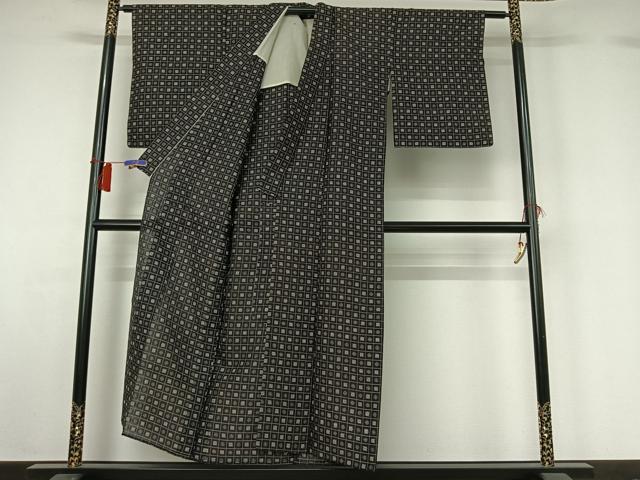 平和屋着物▽上質な紬　単衣　幾何学文様　黒地　正絹　逸品　AABH5646jh_2