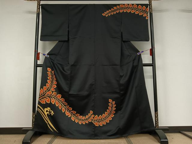 平和屋着物▽訪問着　単衣　立波花文　黒地　AABH5678jh