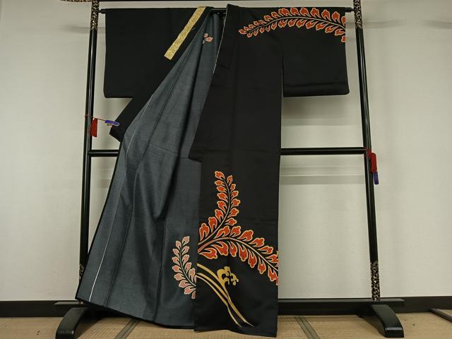 平和屋着物▽訪問着　単衣　立波花文　黒地　AABH5678jh_1