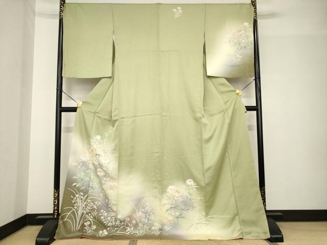 平和屋着物●訪問着　友禅　草花文　暈し染め　金彩　ロング丈　正絹　逸品　AABH5772ck