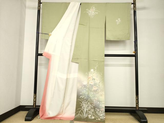 平和屋着物●訪問着　友禅　草花文　暈し染め　金彩　ロング丈　正絹　逸品　AABH5772ck_1