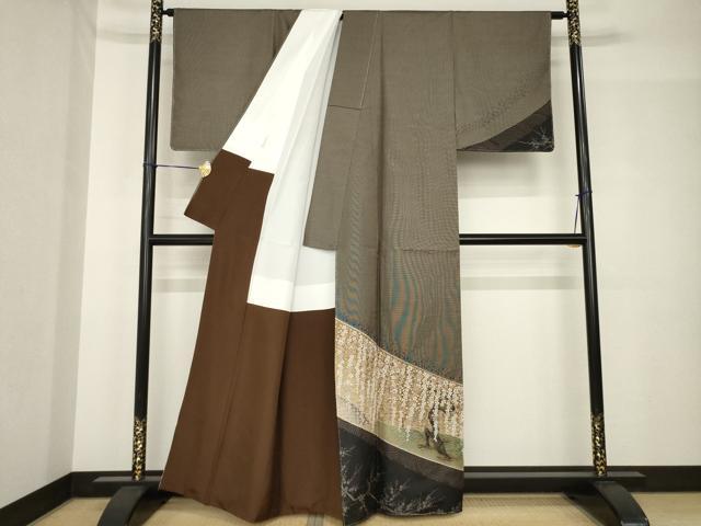 平和屋着物●本場大島紬　訪問着　絞り　枝垂れ桜　金彩　正絹　逸品　未使用　AABH5785ck_1
