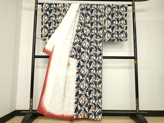 平和屋着物●浦野理一　型染め　小紋　枝花文　鬼しぼ縮緬　正絹　逸品　AABH5791ck_2