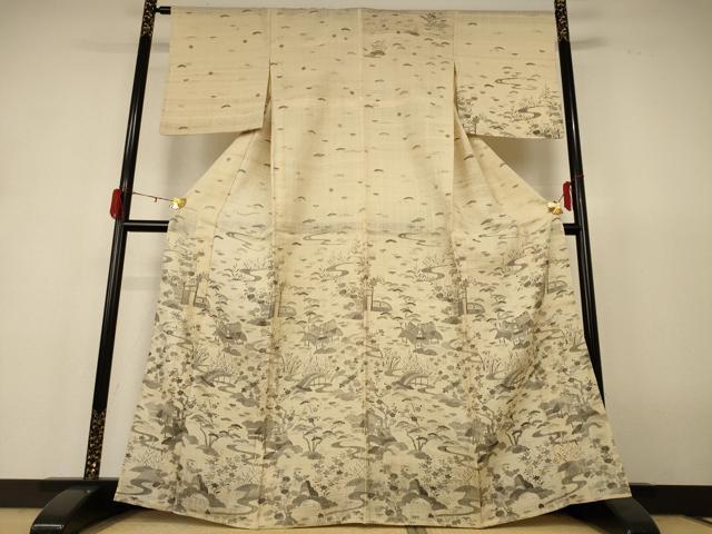 平和屋着物＊夏物　訪問着　生紬　風景松文　正絹　逸品　AABH6560jd